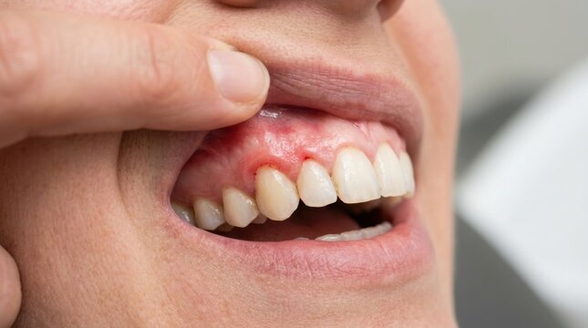 Close-up of person showing inflamed gums and dental health issue. Visible gum disease or gingivitis in adult mouth with redness and swelling.