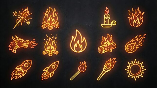 Set of orange glowing neon fire icons with displays collection fourteen hand drawn fire themed icons rendered bright orange neon style against dark textured background