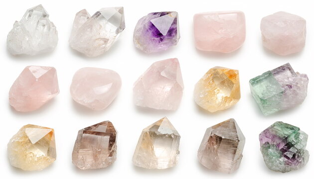 Natural gemstone and crystal mineral set on white background 色鮮やかな鉱物・天然石原石コレクション