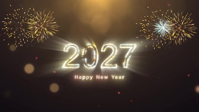 Glowing 2027 happy new year text with fireworks burst and gold bokeh light on dark background celebration concept