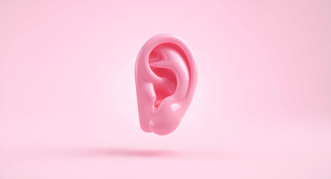 3D glossy pink human ear on light background for hearing, otolaryngology, and sound perception concept