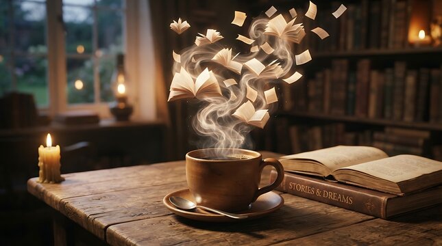 Whimsical coffee cup releasing magical miniature flying books inside cozy dimly lit old library setting with steam transforms miniature wooden table steaming