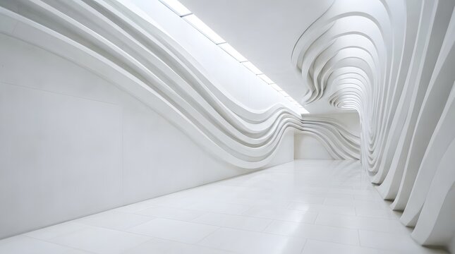 Abstract architectural background with white curved walls and soft lighting in a modern minimalist empty interior space