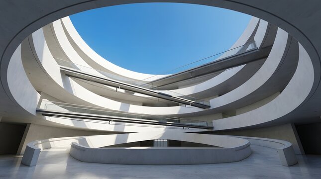 Modern architectural interior of a museum with a spiraling ramp and a large open circular skylight above