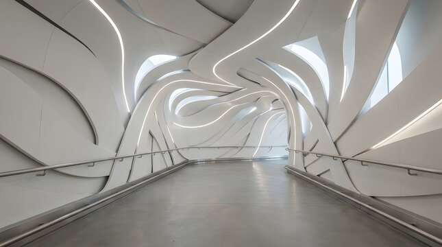 Modern abstract interior corridor with flowing white organic walls and soft ambient lighting in a futuristic building design