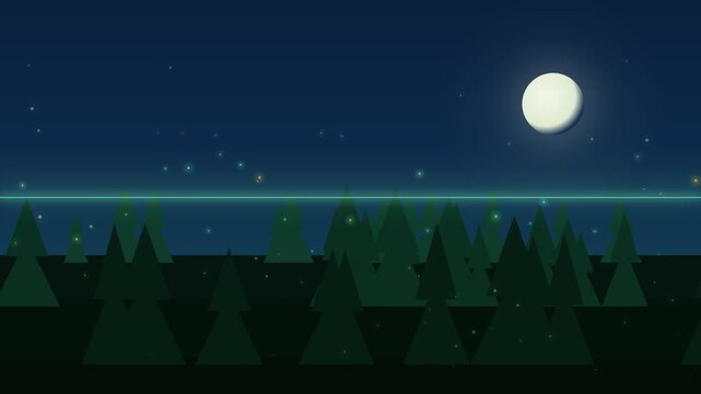 Night Forest With Full Moons Stars And Neon Scan Light Lines