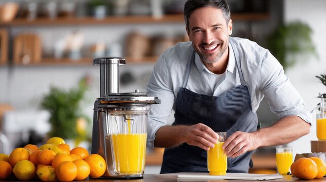 Man preparing fresh juice with citrus press shows proactive health choice, healthy drink routine supporting energy and conscious nutrition
