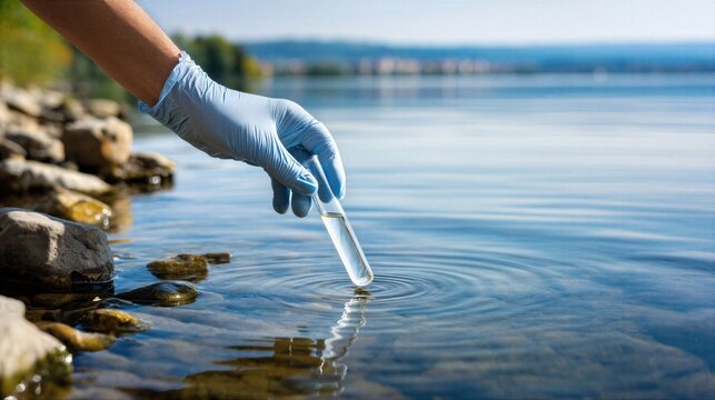 Lake water quality testing with gloved hands using glass tube and portable meter representing environmental safety scientific monitoring sustainability and responsible freshwater protection concept