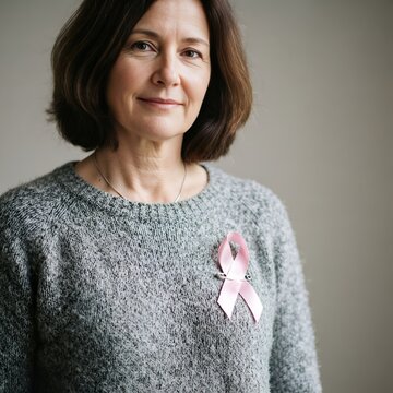 Portrait de femme engag&eacute;e avec un ruban rose pour la recherche contre le cancer du sein, militantisme et solidarit&eacute; m&eacute;dicale