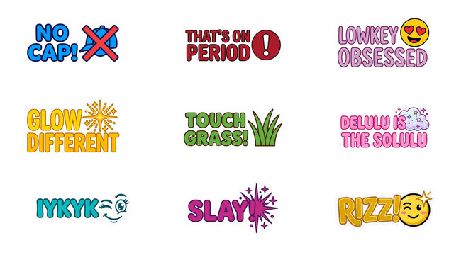 Gen Z slang sticker pack clipart set, internet culture png cut out illustrations
