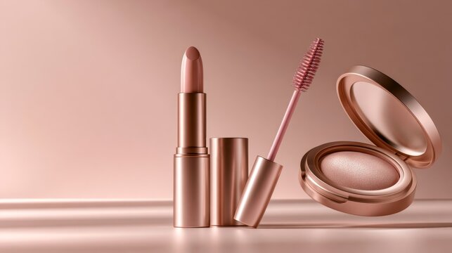 Rose gold makeup collection with nude lipstick mascara and blush compact on pastel background