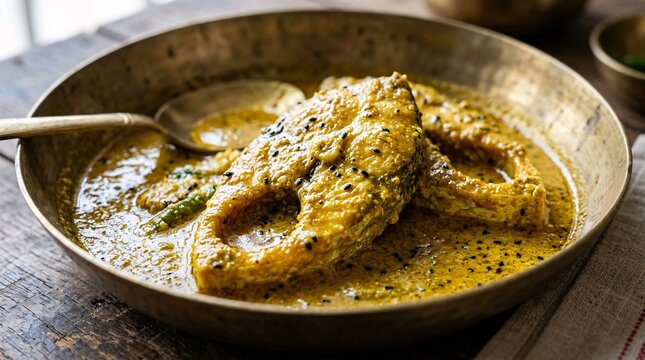 Traditional bengali shorshe ilish fish curry prepared with mustard sauce and black nigella seeds served in vintage brass bowl on rustic wooden background top view