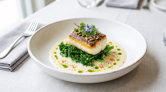 Elegant white fish dish featuring pan seared fillet atop saut&eacute;ed broccolini and smooth cream sauce decorated with pea shoots seeds and purple flowers table setup