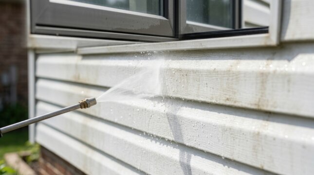 Worker using powerful industrial pressure washer to blast away algae and mildew buildup from white siding under house window.