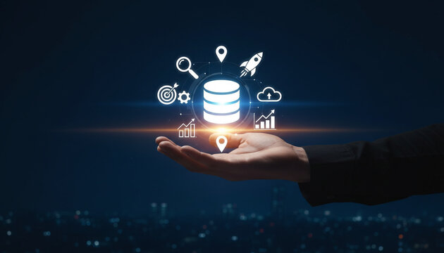 Hand holding database with business technology icons showing growth and success.
