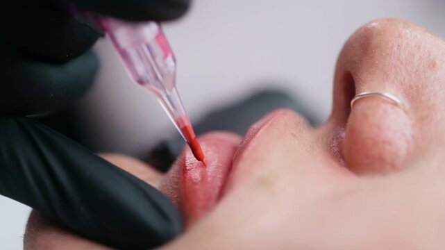Extreme close up of a permanent makeup artist performing a lip blush tattoo procedure with a PMU machine in a professional beauty salon.