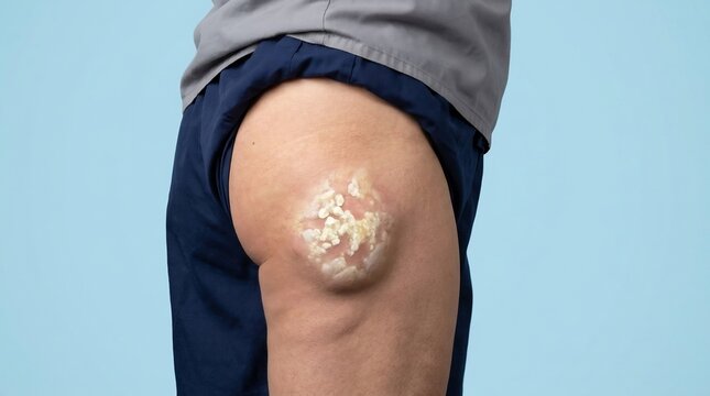 3D medical illustration of a subcutaneous calcium mass and calcification on a human hip and upper thigh