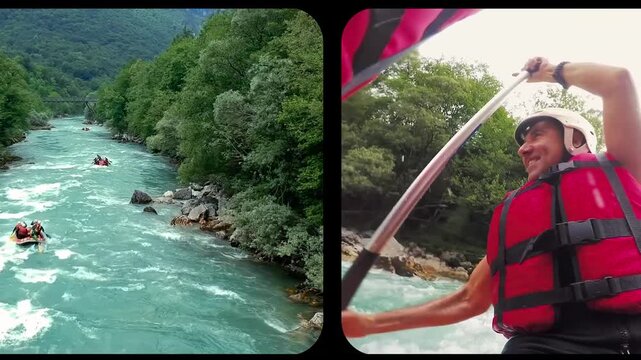 Adrenaline Rafting Multi Angle Footage Highlighting Happy Middle Aged Man and Forest Canyon Scenery. Ideal choice for extreme sports promotions, active tourism commercials, and adventure travel vlogs.
