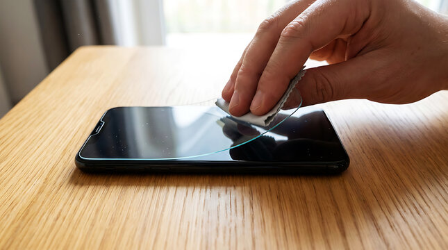 Hand applying screen protector to smartphone