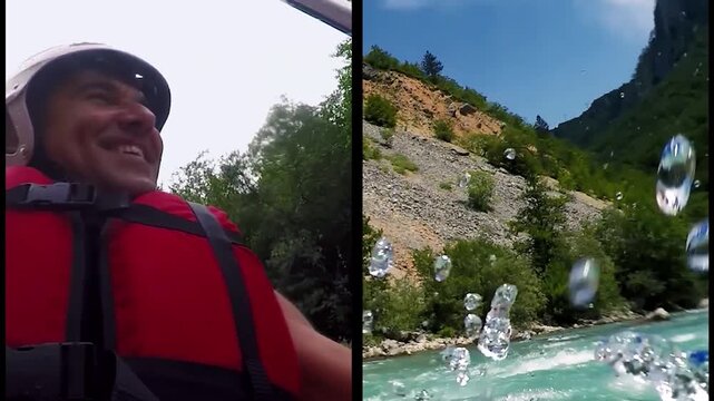 Multiscreen Whitewater Rafting Featuring Excited Middle Aged Man Paddling and Drone Action Views. Ideal choice for extreme sports promotions, active tourism commercials, and adventure travel vlogs.