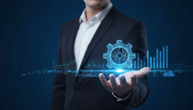 Professional businessman presenting digital gear interface for business automation.
