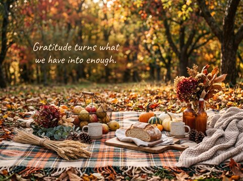 Autumn picnic scene with bread, fruit, and pumpkins on a plaid blanket