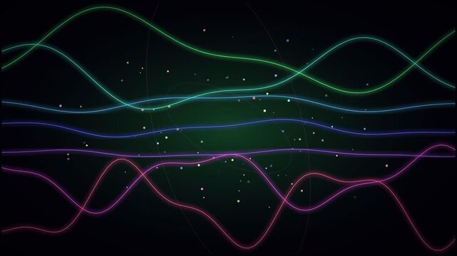 Tide Of Glowing Neon Waveform Lines With Floating Particles On Dark