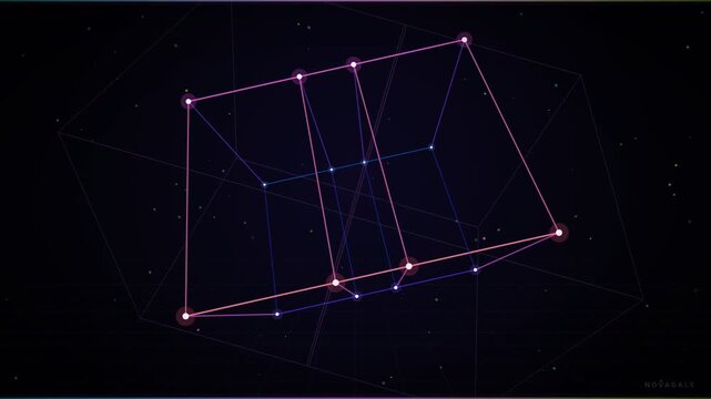 Tesseract Hypercube Wireframe Glowing On Dark Digital Space Grid