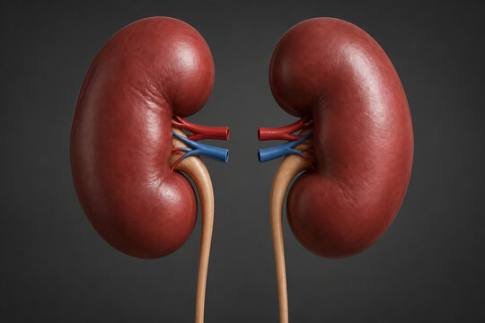 Two detailed, anatomically correct 3D models of human kidneys are displayed against a dark gray background.
