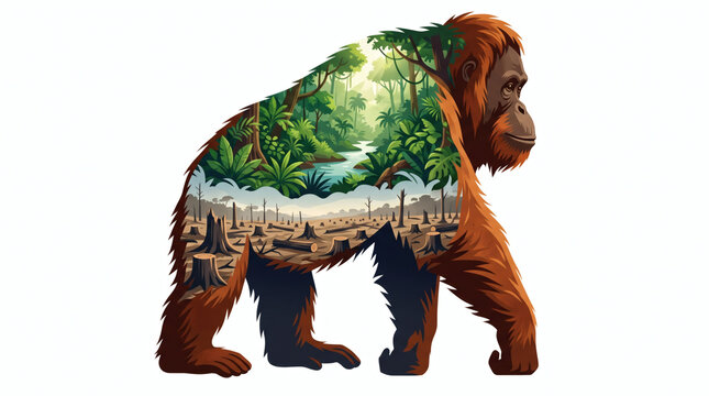Double exposure illustration of an orangutan silhouette combining a lush green rainforest canopy and a deforested tree stump landscape for environmental conservation.