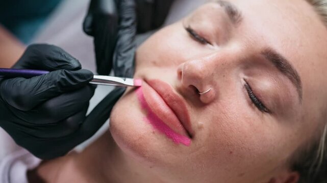 Permanent makeup artist maps lip contours with cosmetic pigment before a lip blush tattoo procedure in a professional beauty salon.