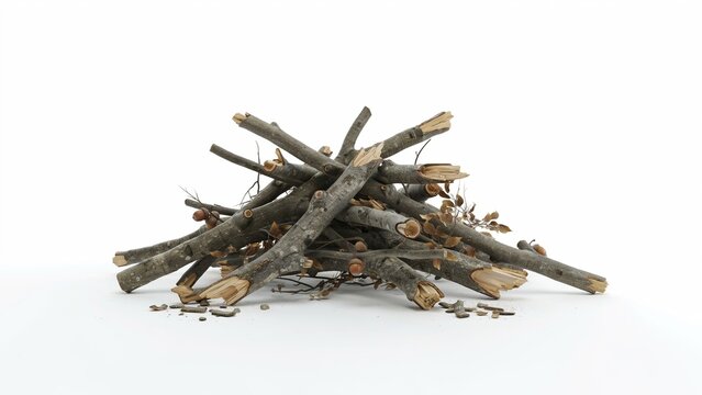 A pile of broken tree branches and twigs isolated on white background