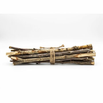 A bundle of natural wooden sticks tied with twine isolated on white background