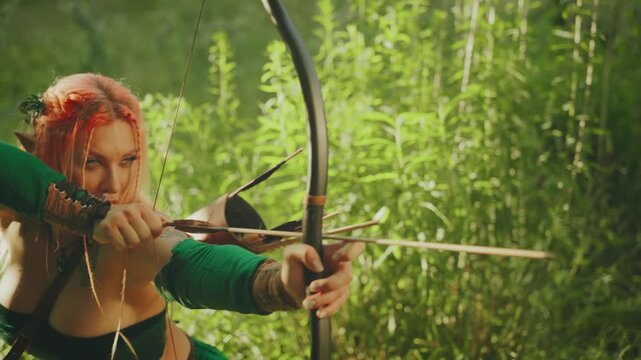 Fantasy strong warrior woman amazon hunts in fairy tale mystery forest green grass sun light, sexy eyes girl hunter holds long bow in hands aims arrow. braid orange hair. fashion model posing art 4k.