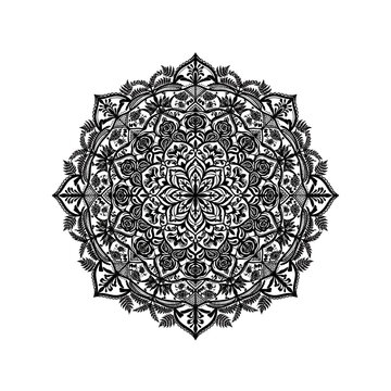 Complex geometric mandala with symmetrical floral and fine linework on black background