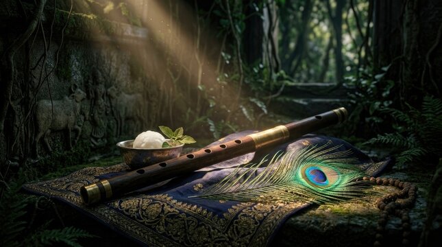 Divine deity symbol: Lord Krishna, Govinda flute, Gopala feather, Madhava butter, Keshava altar, Hari forest, Shyam prayer, Kanha relic, Murari light, Mukunda beam.