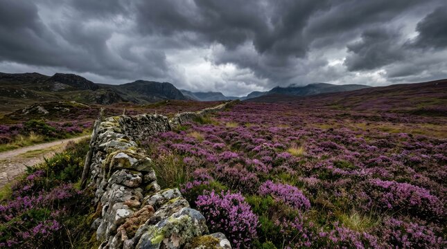 Rugged landscape with heather and stone wall under dramatic sky