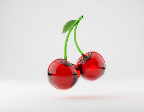 Two glossy red glass cherries with green stems and a single leaf, suspended against a clean white background. Minimal modern composition for fruit-themed branding, decor, packaging, and advertising.