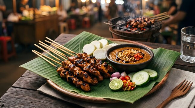 Traditional Indonesian satay skewers grilled over charcoal and served with peanut sauce and fresh vegetables.