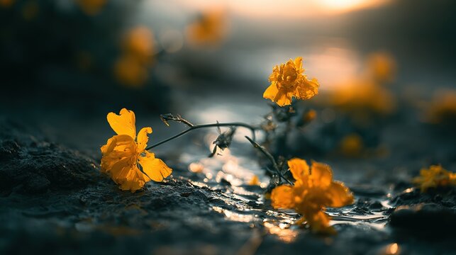 Trampled wildflower in mud, broken petals and bent stem, soft morning light, intersection of nature and human footprint