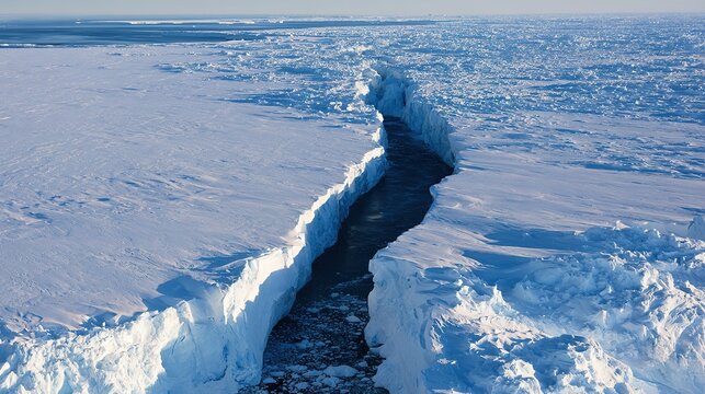 Vast glacier with widening dark crevasse, dramatic shadows, cold tones, climate change concept