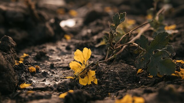Struggling wildflower in mud, broken petals and bent stem, soft morning light, contradiction of resilience and fragility