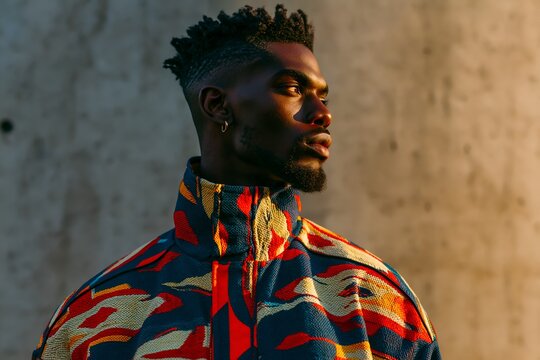 Man in vibrant, patterned jacket stands against textured wall