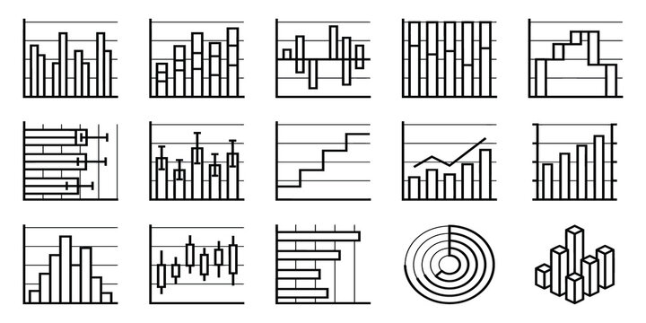 Minimalist bar graph icon set vector presentation charts business data analytics bundle.