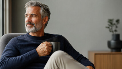 Fototapeta premium Older man with gray hair and beard sits on a couch holding a cup, looking thoughtfully out of a window in a calm, cozy indoor setting.
