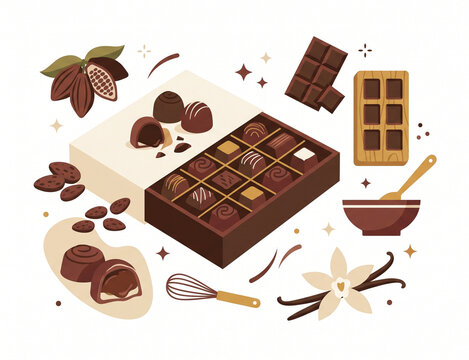 Assorted Gourmet Chocolate Box Concept Illustration with Pralines, Cocoa Beans, Chocolate Bars, and Vanilla Flower