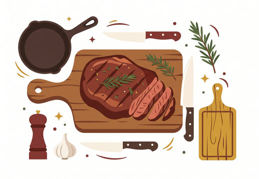 Grilled Beef Steak Concept Illustration with Cast Iron Skillet, Knives, Cutting Board, Rosemary, and Spices