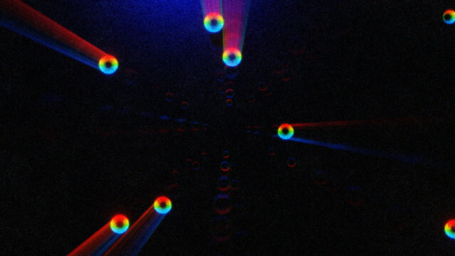 Abstract Glowing Neon Sphere Light Beams on Dark Film Grain Background