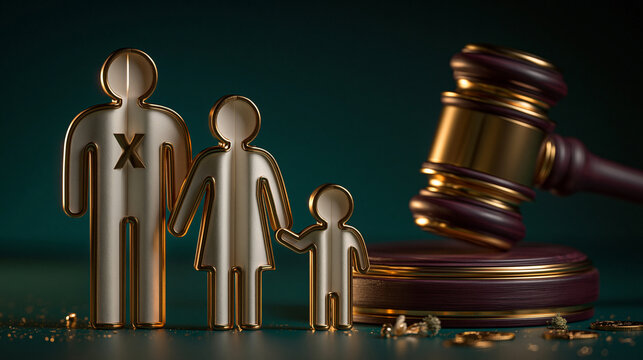 Conceptual illustration of family law, child custody and divorce proceedings featuring symbolic paper figures and a judge's gavel representing legal protection, parental rights, guardianship and famil