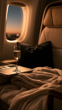 First Class Flight Experience: Luxurious first-class airplane seat ready for a comfortable journey, with a glass of champagne and a soft blanket, while sunset paints the sky outside the window.